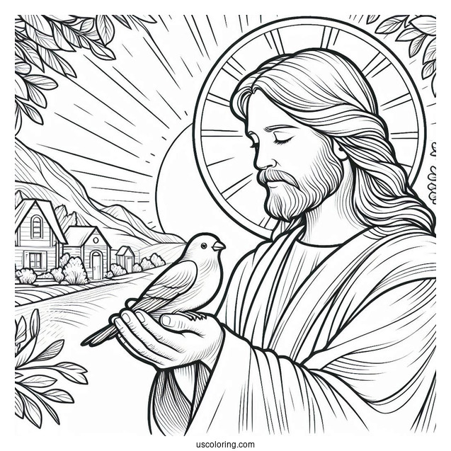 Peaceful Jesus Coloring Pages Holding A Bird For Kids