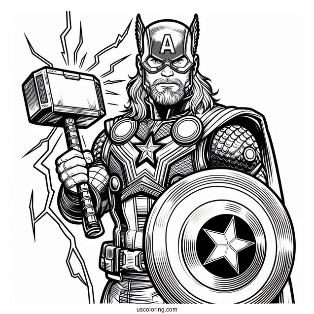Captain America Holding Thors Hammer With Lightening