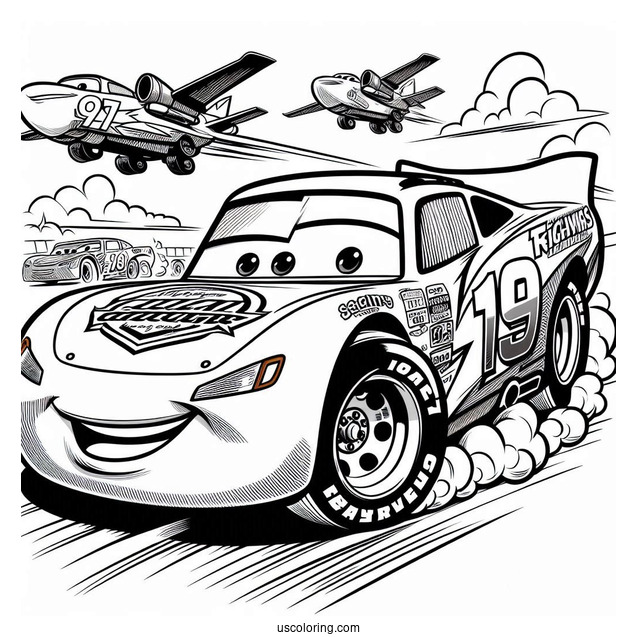 Pixar Coloring Page of Lightning McQueen Racing