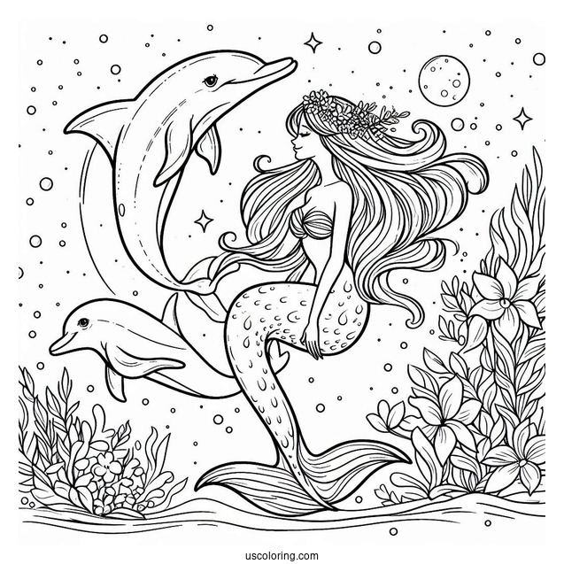 Mermaid And Dolphin Coloring Page
