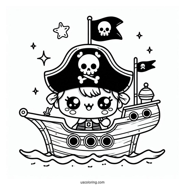 Kawaii Cartoon Pirate Ship Coloring Page For Preschoolers