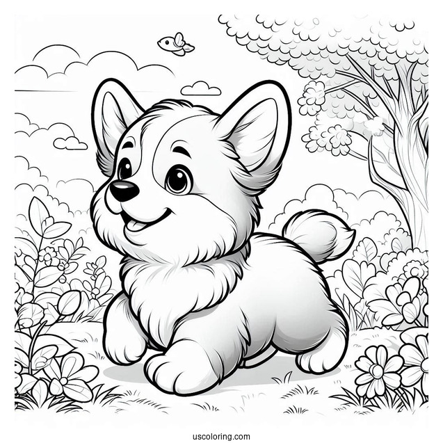 Puppy Corgi Coloring Page Running In Garden