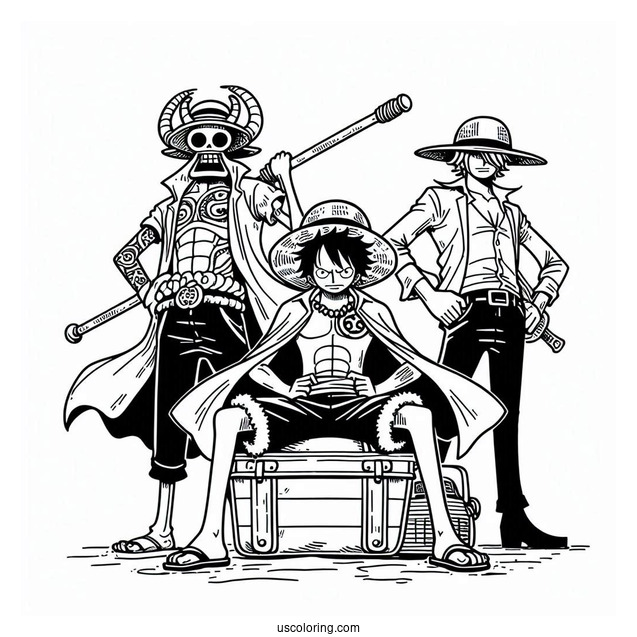 One Piece Coloring Page Of Straw Hat Pirate With Jimbei, Franky, And Brook