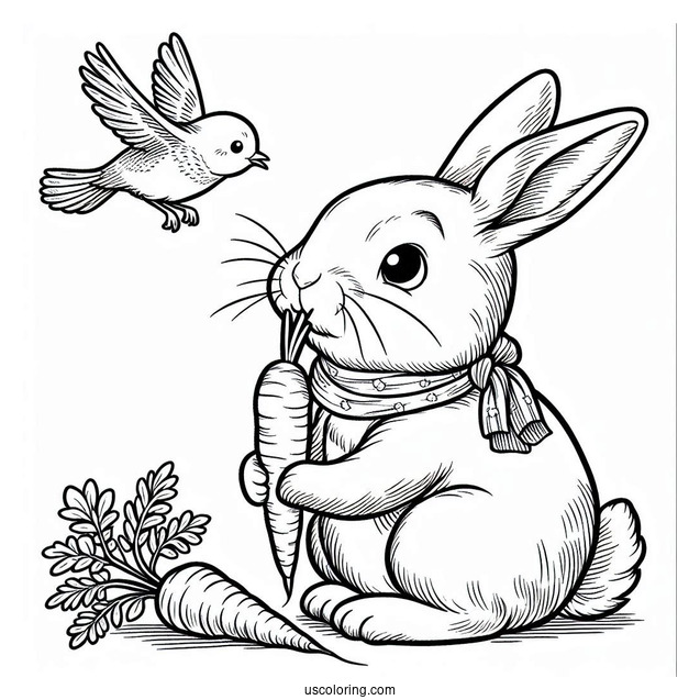 Peter Rabbit Coloring Page Nibbling On A Carrot While Looking Up At A Bird