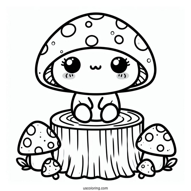 Kawaii Mushroom Coloring Page Sitting On A Tree Stump For Kids