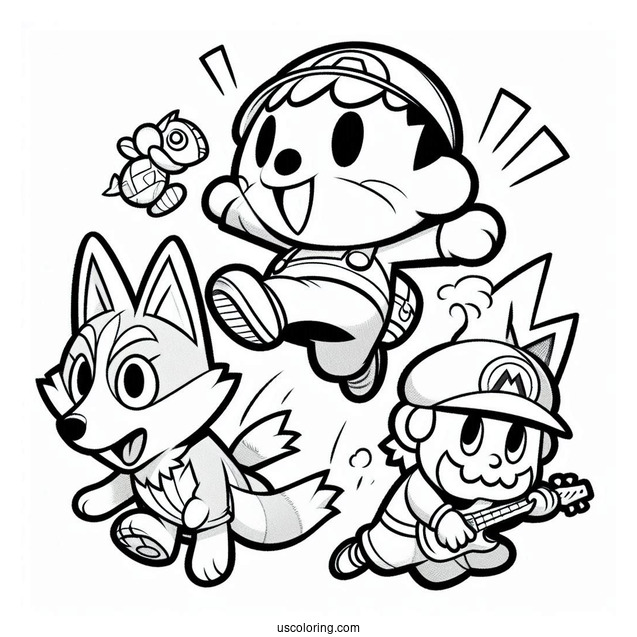 Super Smash Bros Coloring Page Of Animal Crossing Villager Leaping Over Mario And Star Fox