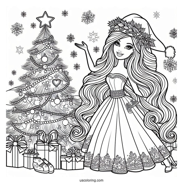Christmas Themed Barbie Coloring Page