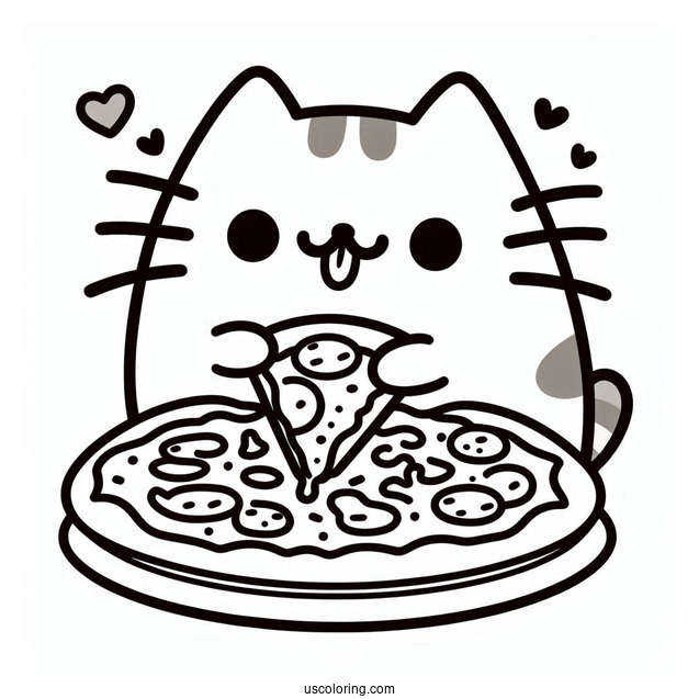 Pusheen Cat Eating Pizza Coloring Page