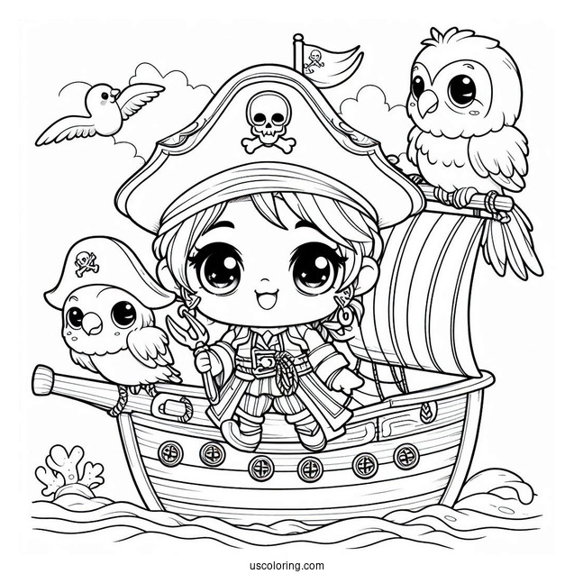 Adorable Chibi Pirates On A Pirate Ship Coloring Page With A Parrot
