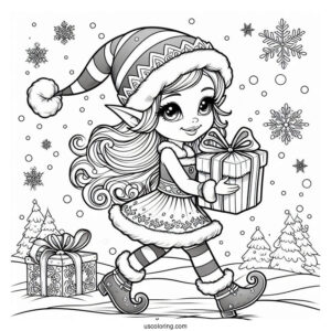 Elf Holding Present Walking In The Snow