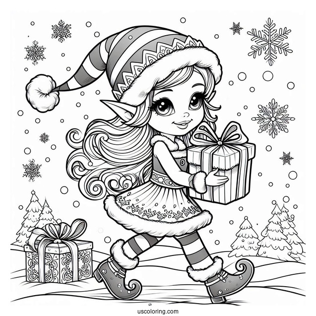 Elf Holding Present Walking In The Snow