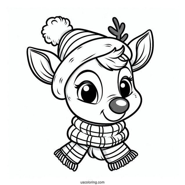 Easy Rudolph Coloring Page Wearing A Santa Hat And A Scarf