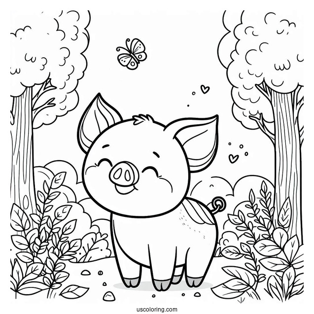 Smiling Piglet Coloring Page In A Forest