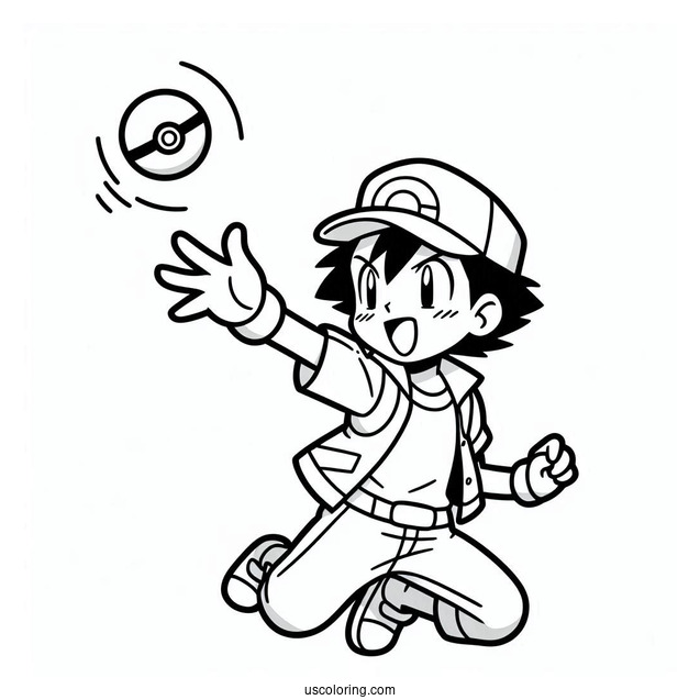 Ash Ketchum Throwing Pokeball Coloring Page For Kids