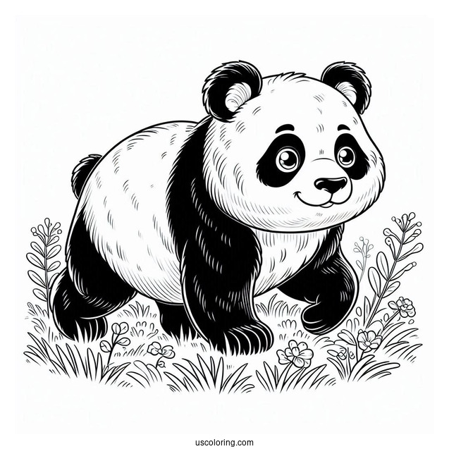 Giant Panda Walking On Grass To Color
