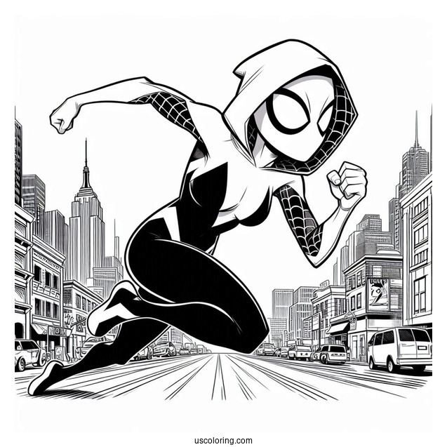 Comic Spider-Gwen Coloring Page Running In The City