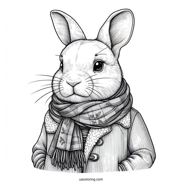 Realistic Rabbit Coloring Page Wearing A Scarf And Jacket