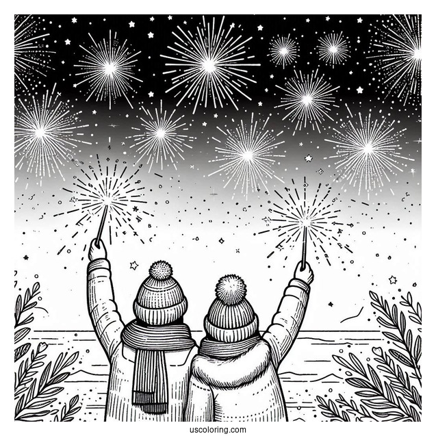 People Holding Up Sparklers To A Sky Filled With Fireworks On New Year Coloring Page