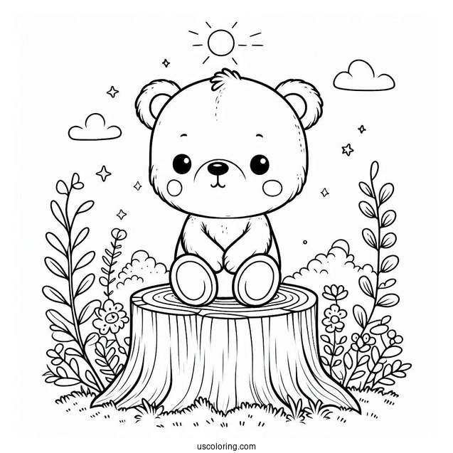 Cute Coloring Page Baby Bear Sitting On A Tree Stump