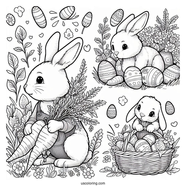 Easter Coloring Page Of Rabbits Harvesting Carrots And Easter Eggs