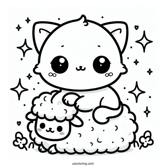 Kawaii Cat Sitting On A Fluffy Sheep Coloring Page