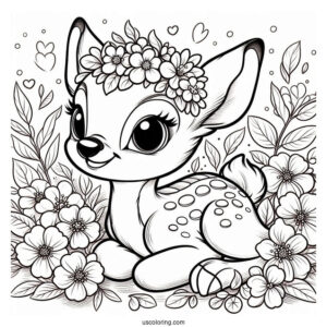 Smiling Bambi, Blossom, And Flower Coloring In For Kids v2