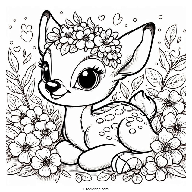 Smiling Bambi, Blossom, And Flower Coloring In For Kids v2
