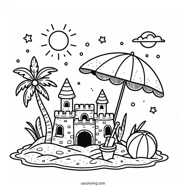 Easy Sand Castle With Umbrella And Beach Ball Coloring Sheet