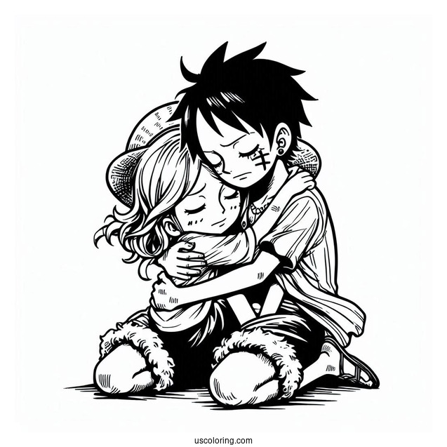 Luffy Coloring Page Hugging Zoro