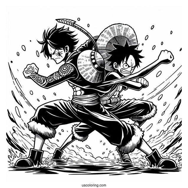 Luffy Coloring Page Fighting Back-To-Back With Ace