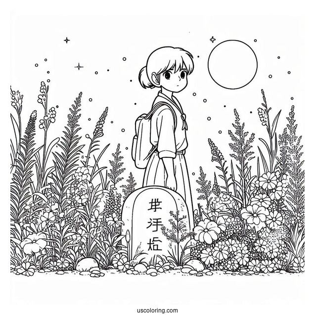 Studio Ghibli Coloring Page of Grave Of The Fireflies Setsuko On Seita's Back