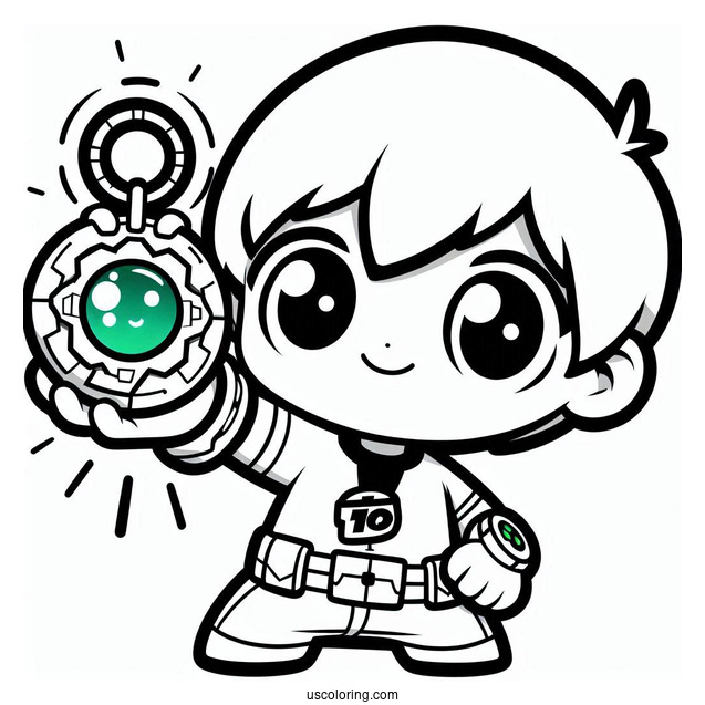 Ben 10 Coloring Page Of Kawaii Ben Ten Holding Up Omnitrix For Preschoolers