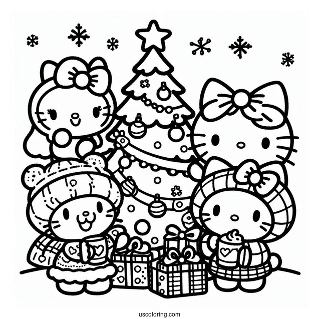 Sanrio Coloring Pages Of Friends Decorating Christmas Tree