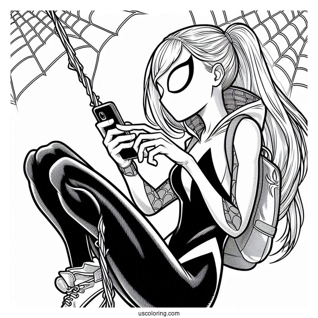 Spider-Gwen Coloring Page Texting While Swinging From A Web