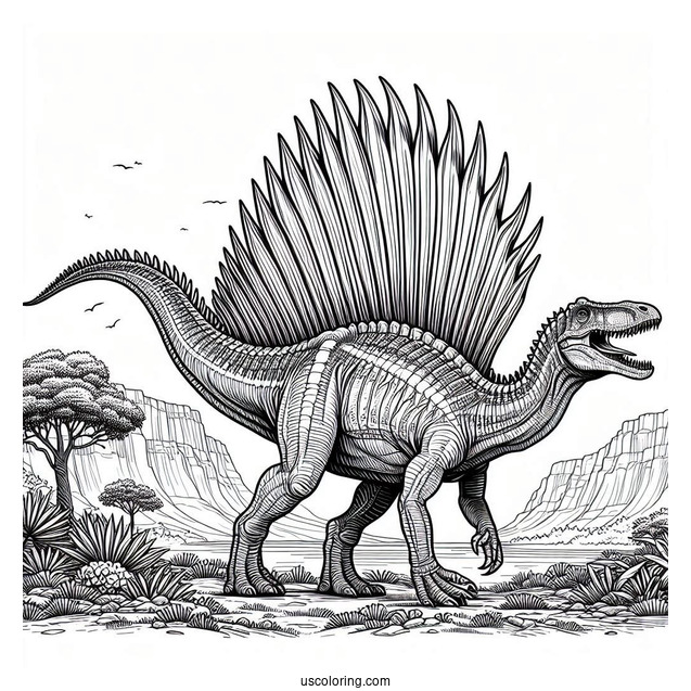 Large Spinosaurus Coloring Page With Detailed Spine And Sharp Teeth