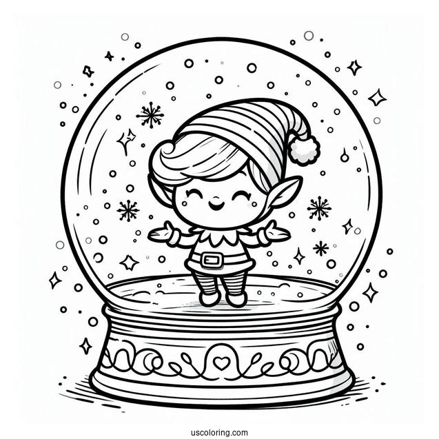 Cheerful Elf Snow Globe Coloring Page