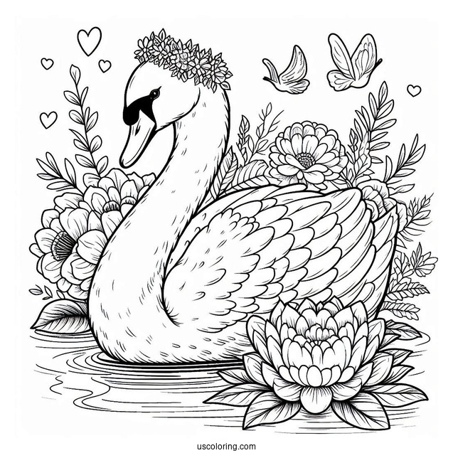Regal Swan Coloring Page Floating In Pond With Large Flowers