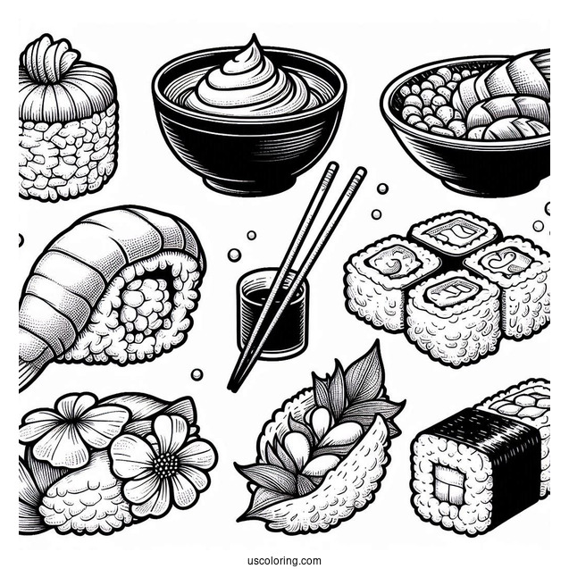 Full Page Temari, Nigiri, Maki, Gunkan Maki, And Inari Sushi Coloring Pages