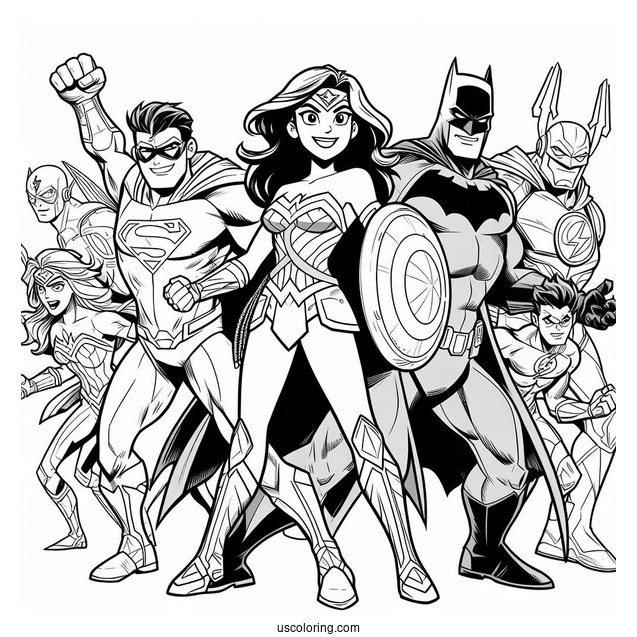Cartoon Justice League Coloring Page With Major And Minor Characters