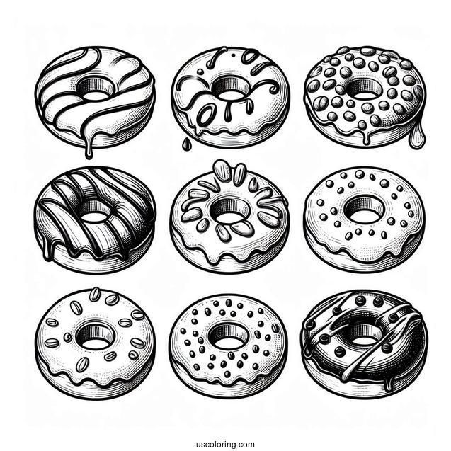 Assorted Glazed Donuts Coloring Page
