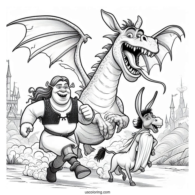 Shrek, Fiona And Donkey Running From Dragon