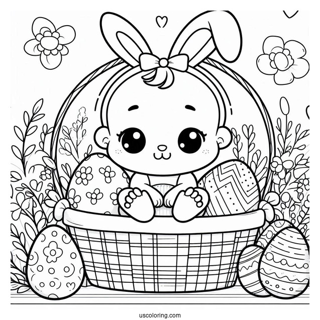 Baby Coloring Page With Bunny Ears In A Basket With Easter Eggs