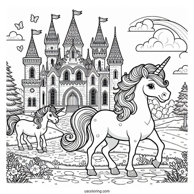 Unicorns Strolling Outside A Beautiful Castle Coloring Page