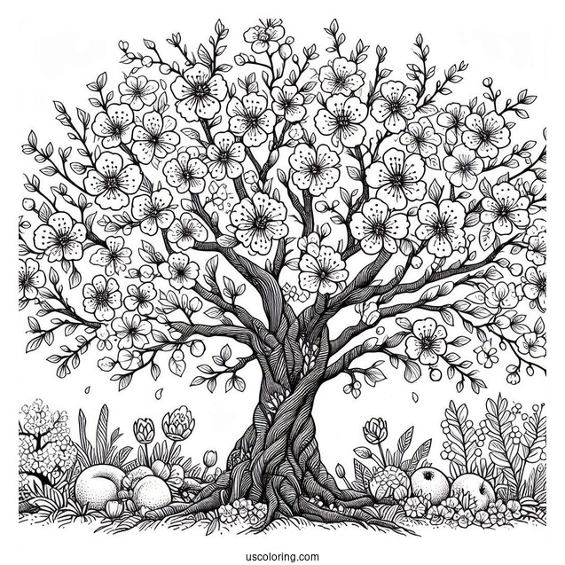 Large Tree Blooming Flowers In Spring Coloring Page