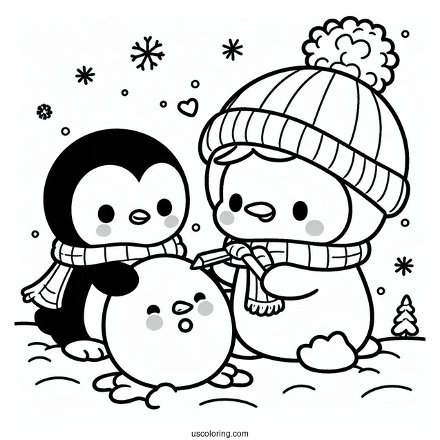 Pochacco Coloring Page And Penguin Making Snow Man For Kids