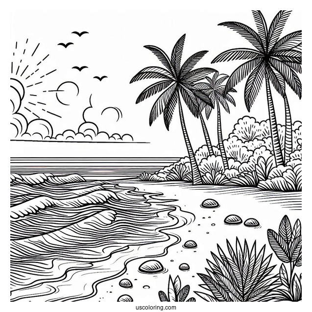 Easy Beach Coloring Page Shore With Trees