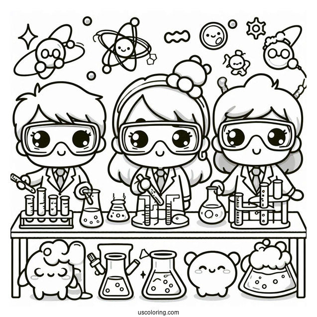 Science Coloring Page Of Kawaii Scientists Performing Lab Experiments For Kids