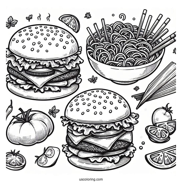 Burgers And Noodles Coloring Page