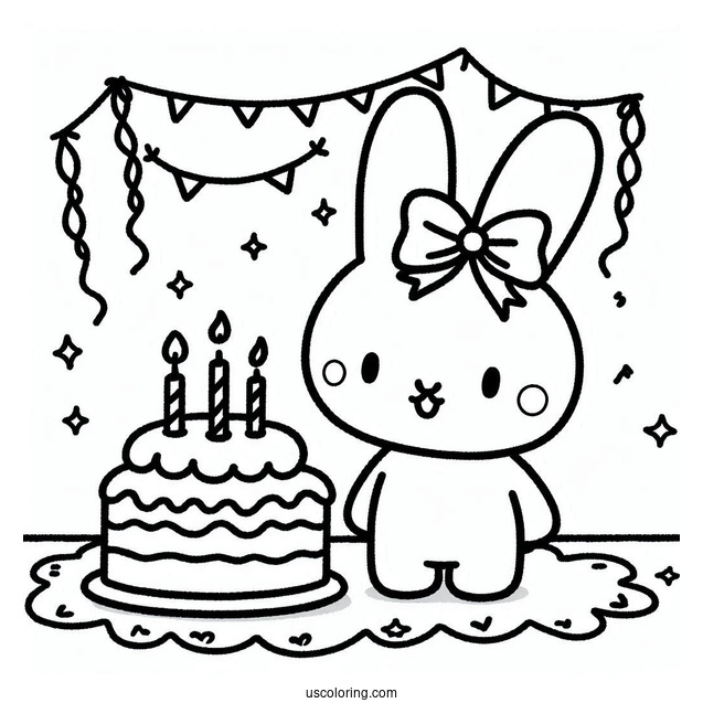 Miffy Coloring Page Celebrating Birthday With Streamer And Cake For Kids