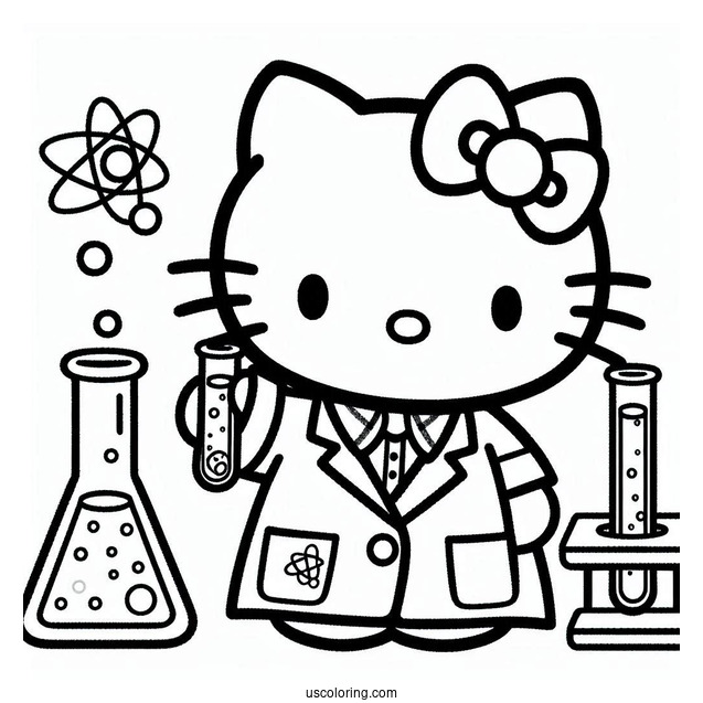 Science Coloring Page Of Hello Kitty In Laboratory Coat Holding A Flask And Test Tube For Kids